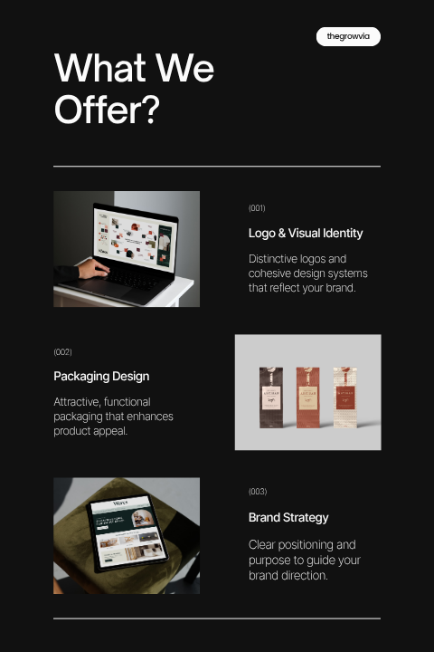 Digital branding services by TheGrowvia including logo and visual identity design, product packaging, and strategic brand positioning.